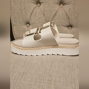 Womens Cream Slide Sandals with Gold Buckles